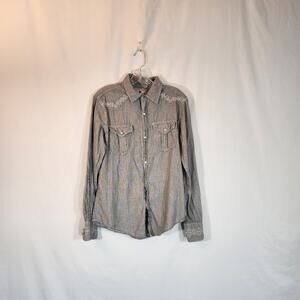 BUCKLE Black White Stripe Floral Embroidery Long Sleeve Pearl Snap Shirt Women S